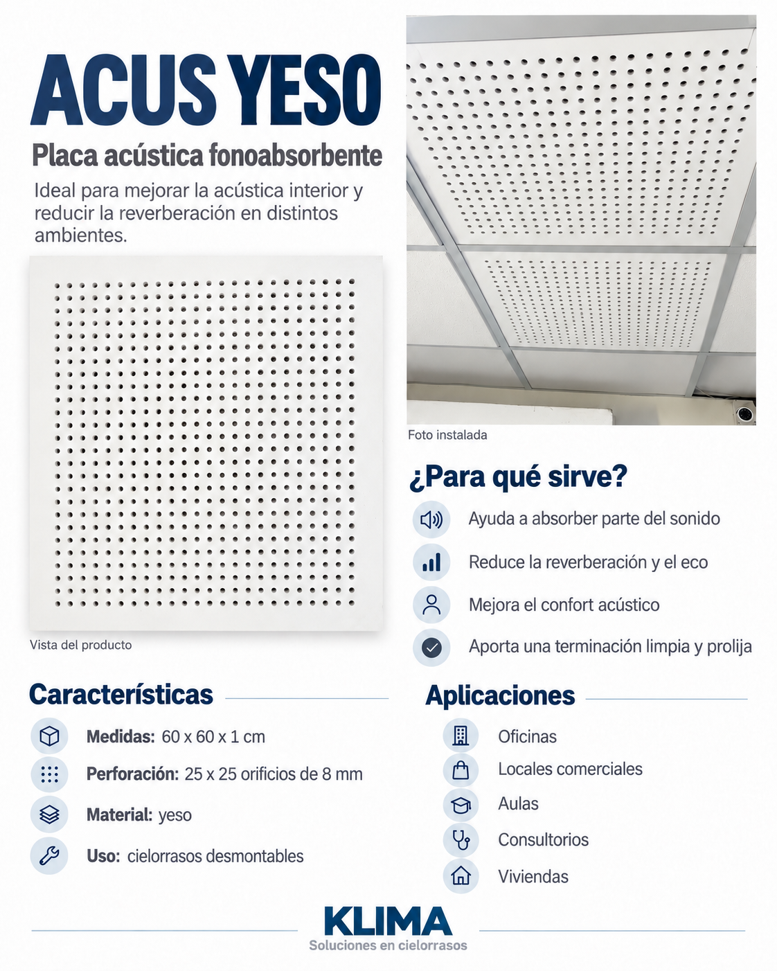 Placa de Cielorraso desmontable Acus Yeso